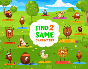 Find two same cartoon nuts on yoga fitness, vector quiz game worksheet. Coconut with walnut and peanut or hazelnut on sport fitness and yoga exercise or outdoor activity in find same characters game