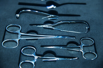 Close up view of set of various stainless steel instruments in dental clinic