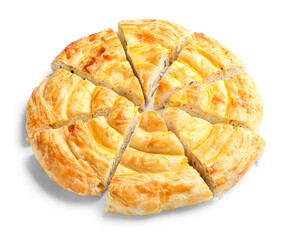 Pieces of delicious cheese pie isolated on white background