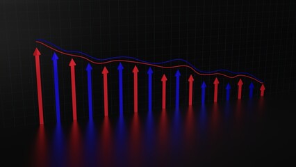 Economy financial market graph, 3d render, 3d rendering, 3d render, price decline charts and arrow concepts, economic downturn, sale and low price, drop arrows.