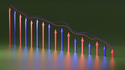 Economy financial market graph, 3d render, 3d rendering, 3d render, price decline charts and arrow concepts, economic downturn, sale and low price, drop arrows.