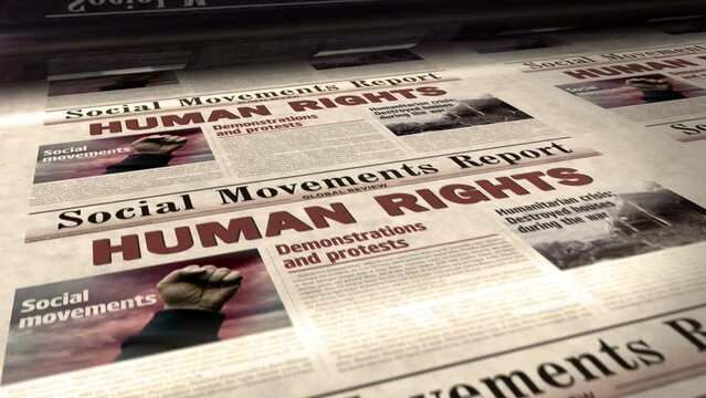 Human rights, social movements and justice daily news newspaper roll printing. Abstract concept retro headlines 3d seamless looped.