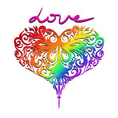 Decorative ornament heart in rainbow colours with text Love 