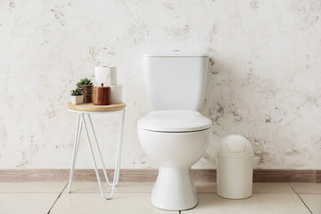 Table with houseplants, paper rolls, toilet bowl and bin near light wall