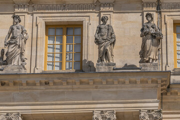 External view of architectural fragments of Chateau de Versailles (Palace of Versailles) near Paris: Palace Versailles was a royal chateau. Versailles, Paris, France.