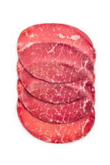 Smoked bresaola. Italian appetizer. Dried beef meat isolated on white backgorund.