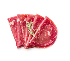 Smoked bresaola. Italian appetizer. Dried beef meat isolated on white backgorund.