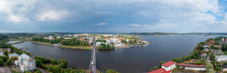 Large Panorama of Sortavala, a city in Karelia. Ladoga lake, Ladoga skerries. Top view frome drone.