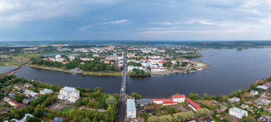 Panorama of Sortavala, a city, a tourist destination in Karelia. Ladoga lake, Ladoga skerries. Top view frome drone.