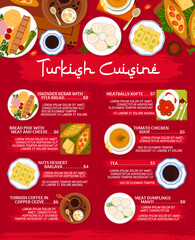 Turkish cuisine menu page design. Turkish coffee in copper cezve, meatballs Kofte and tomato chicken soup, meat dumplings Manti, bread Pide and Iskender kebab with pita, tea, nuts dessert Baklava