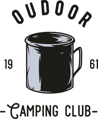 Camping mug for travel print. Outdoor hiking and expedition for traveler and tourist. Graphic design for trip adventure. Sport activity