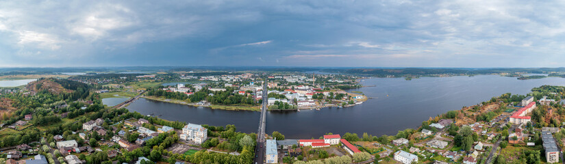 Center of Sortavala, a city on the border with Finland, a tourist destination in Karelia. Ladoga lake, Ladoga skerries. Top view frome drone - obrazy, fototapety, plakaty