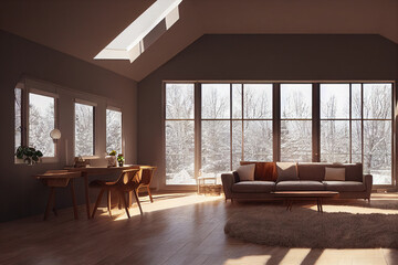 Luxurious beautiful cozy winter modern interior living with staged furniture showcase at golden hour Made with Generative Ai
