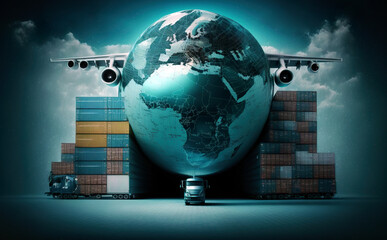 Fototapeta premium A large globe, next to it are stacked containers, above it is a cargo plane. A truck is positioned directly in front of the globe, highlighting the themes of global trade and transportation.AI gene