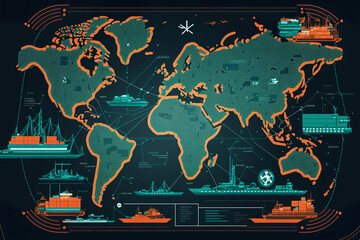 Shipping, by water, by air, by road. Shipping plans and tracking the shipment to see where it is going. Technology with direct logistics delivery all over the world. Artificial intelligence illustrati