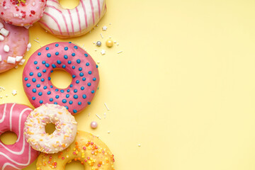Tasty glazed donuts on yellow background