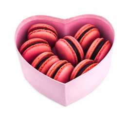 Heart shaped box with pink macarons isolated on white background. Symbol of love. Valentine's Day