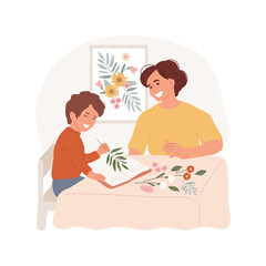 Flower pressing isolated cartoon vector illustration. Happy family doing herbarium together, flower pressing as a hobby, people lifestyle, hands-on activity, nature lovers vector cartoon.