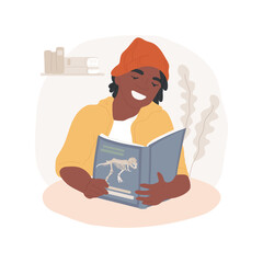 Paleontology books isolated cartoon vector illustration. Young man examining book with dinosaur pictures, enjoying paleontology hobby, people lifestyle, hands-on activity vector cartoon.