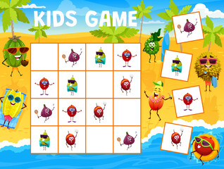 Sudoku kids game, cartoon fruits characters on summer beach, vector quiz puzzle. Sudoku riddle worksheet grid to find and match lychee, fig and nectarine with papaya on summer sea holiday or vacations