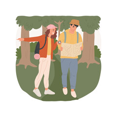 Learning survival skills isolated cartoon vector illustration. People learn to navigate in the forest, mastering survival skills outdoors, dangerous situation simulation vector cartoon.