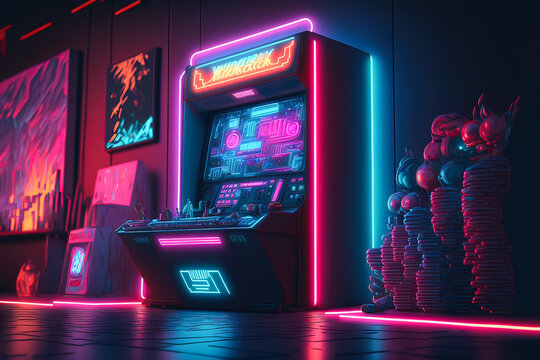 Fototapeta Awesome picture of the arcade machine with neon lights and bright effects. Future of gaming concept. Generative AI