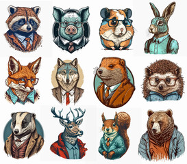 Set of different funny forest animals in retro style. Wearing clothes, nthropomorphic, watercolor painting, ai generated