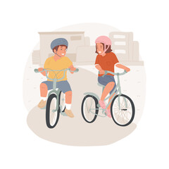 Naklejka premium Cycling fun isolated cartoon vector illustration. Group of smiling kids riding bicycles and having fun together, happy childhood, active lifestyle, physical activity vector cartoon.