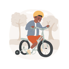 Bike training isolated cartoon vector illustration. Smiling kid on a bicycle with training wheels, active lifestyle, physical activity, health care, happy childhood vector cartoon.