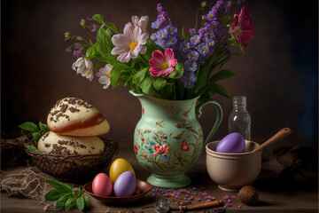 Obraz na płótnie Canvas Spring Bliss: Colorful Easter Eggs and Flower Spring Flowers Bouquet. Generative AI