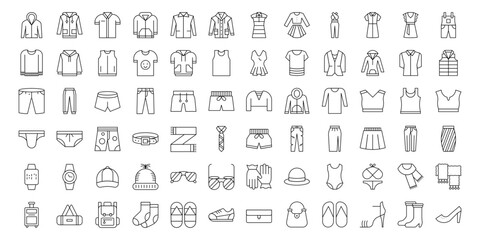 Fototapeta na wymiar Clothes thin line icons set. Fashion icons. Dress, skirt, shirt, outerwear, pants, lingerie, bra, shoes, accessories. Lines with editable stroke