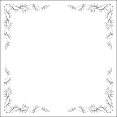 Black and white vegetal ornamental frame, decorative border, corners for greeting cards, banners, business cards, invitations, menus. Isolated vector illustration.