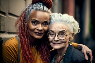 Old aged fashionable black and white lesbian couple deep in love and intimate moment. Have a romantic time. Instagrammable photo shot. Generative AI	