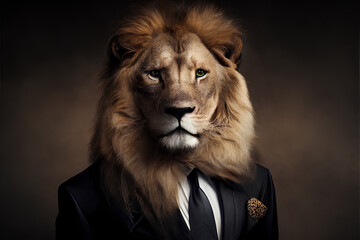 Lion animal head and human business suit. Symbolic boss image. Generative AI