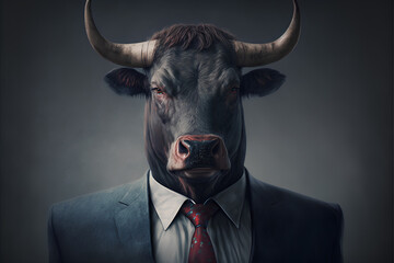 Bull head with horns in human body in business suit. Portrait. Grey background. Generative AI.