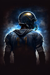 Fototapeta na wymiar Amerikanischer Football Spieler mit helm und ball im Mondlicht - Generative Ai