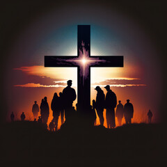 Sunset with human silhouettes and christian cross. Created using generative Al tools