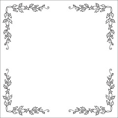 Black and white vegetal ornamental frame, decorative border, corners for greeting cards, banners, business cards, invitations, menus. Isolated vector illustration.