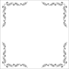 Black and white vegetal ornamental frame, decorative border, corners for greeting cards, banners, business cards, invitations, menus. Isolated vector illustration.