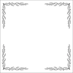Black and white vegetal ornamental frame, decorative border, corners for greeting cards, banners, business cards, invitations, menus. Isolated vector illustration.
