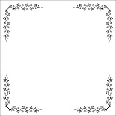 Black and white vegetal ornamental frame, decorative border, corners for greeting cards, banners, business cards, invitations, menus. Isolated vector illustration.