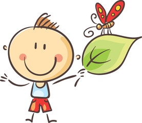 Happy boy holding green leaf and red dragonfly. Saving ecology and nature. Vector illustration