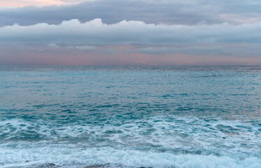 Fototapeta na wymiar Cloudy Dawn, Azure Sea, Amazing Muted Colors, Weather Forecast Illustration