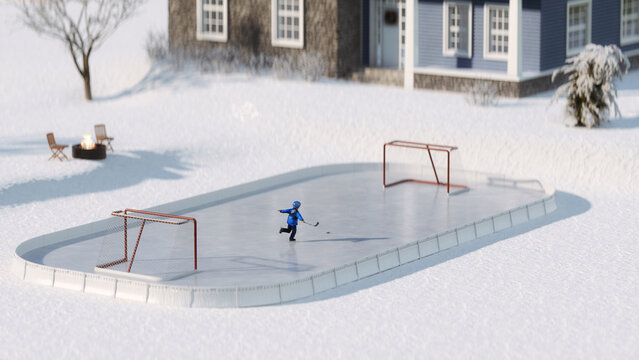 Little boy playing ice hockey at arena near house building with fireplace grill. The athlete, child, sport, training 3d render