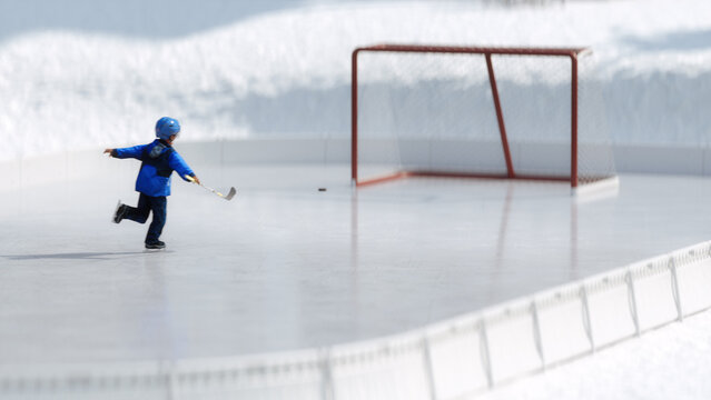 Little boy playing ice hockey at arena. The athlete, child, sport, training 3d render