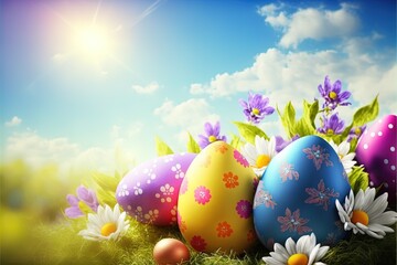 Highly detailed easter eggs. eggs decorated with flowers and leaves on background of blue cloud summer sunny sky. Digital art illustration