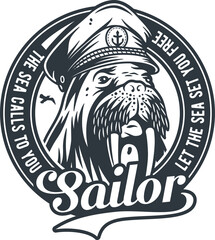 Ocean nautical captain emblem with walrus. Marine sea farer logo. Sailor man print