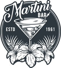 Martini cocktail with olives and flowers for alcohol bar. Monochrome design with glass of martini for drink party