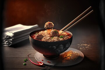 Soup in white ceramic bowl with rice noodles, beef slices and herbs. concept of Asian food, side view. Generative AI