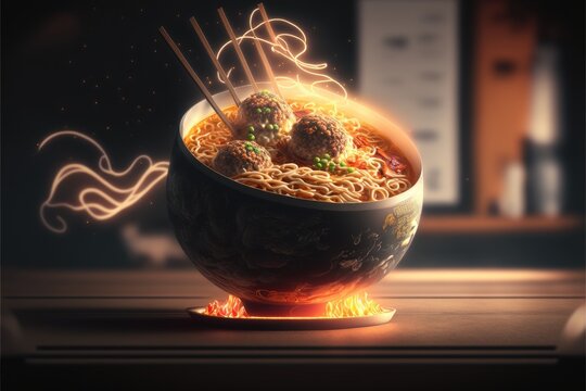 Soup in white ceramic bowl with rice noodles, beef slices and herbs. concept of Asian food, side view. Generative AI